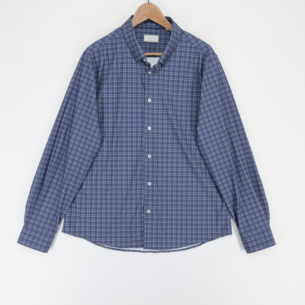 Savannah Shirt Mens L Blue Plaid Button Down Long Sleeve Performance Stretch